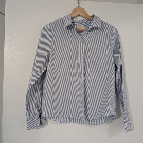 Sezane Tomboy Shirt Ecru And Sky Blue Stripes - Size 6 - Picture 2 of 6